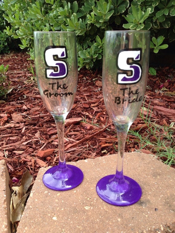 Scranton university bride and groom wedding champagne flutes