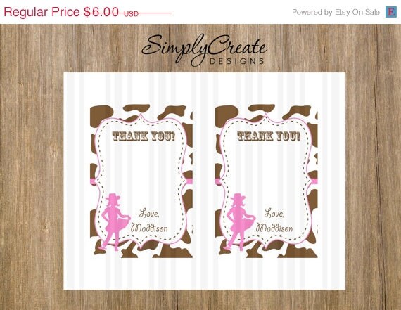 Cowgirl Thank You Card Digital Two 4x6 cards on 8.5x11 JPEG Il_570xn