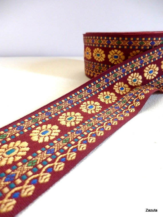 9 Yards Maroon and Gold Embroidered Fabric Trim-Floral fabric