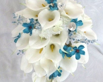 Calla lily and hydrangea cascading wedding bouquet 4 piece set with turquoise cosmos and gem accents