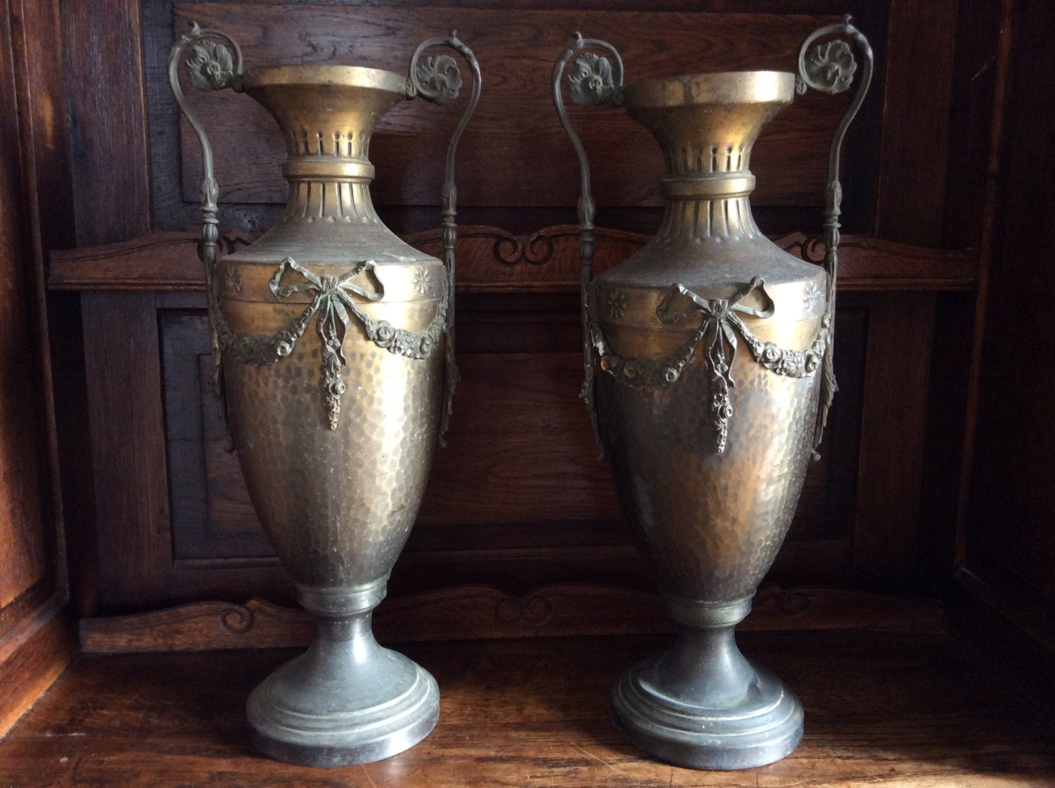 Antique French tall metal vase urn pair circa by