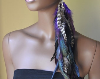 Extra Long Single Feather Earring Purple Black Grizzly