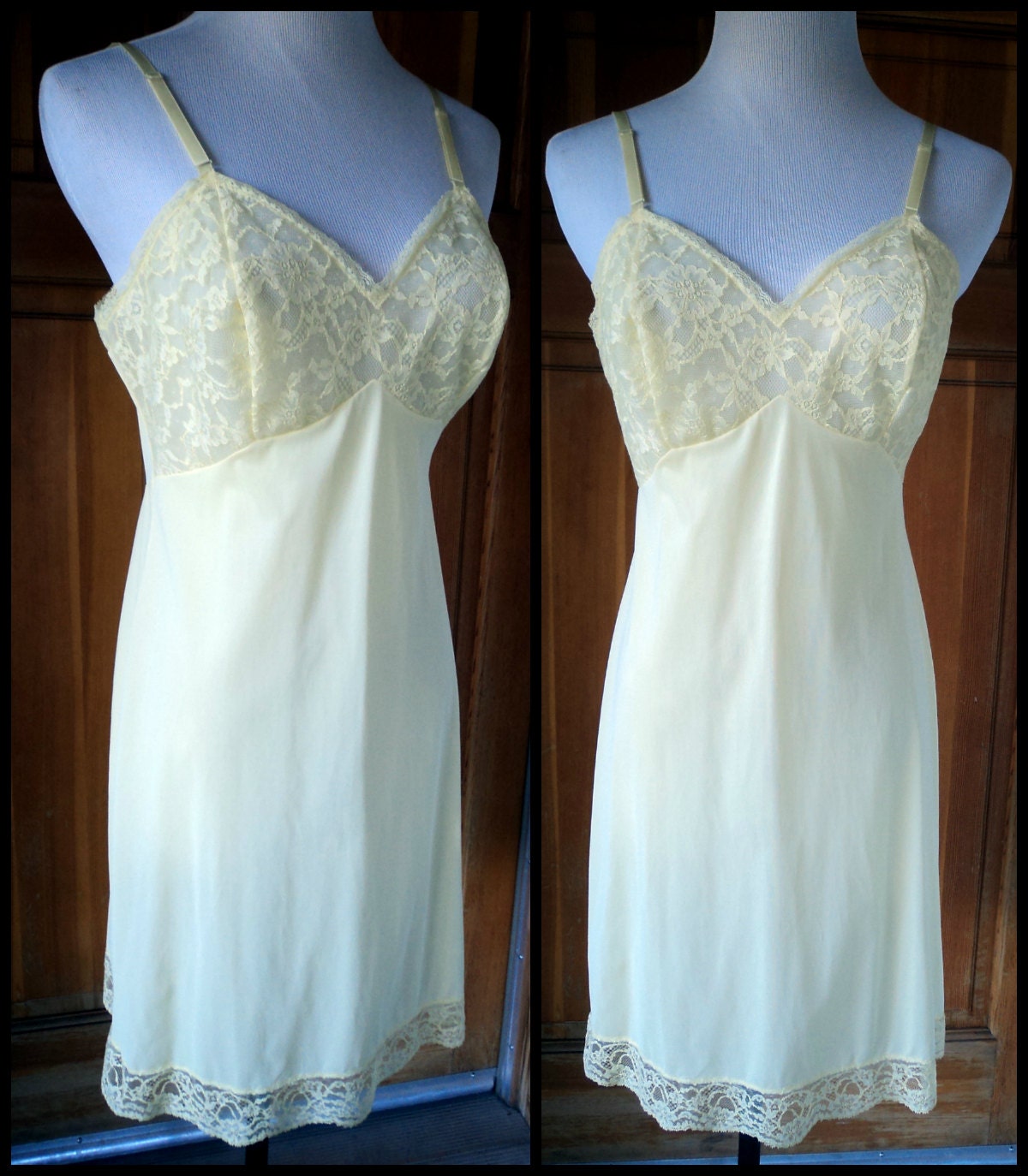 Vintage 60s Slip Yellow Tricot Nylon Lace Illusion Vanity Fair