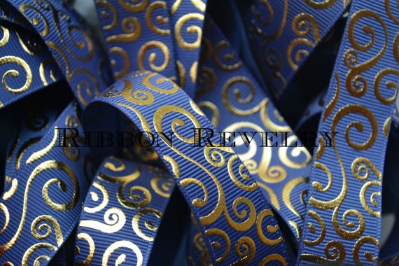 Elegant gold foil swirls on radiant navy blue 7/8" grosgrain ribbon 3 yards Il_570xn