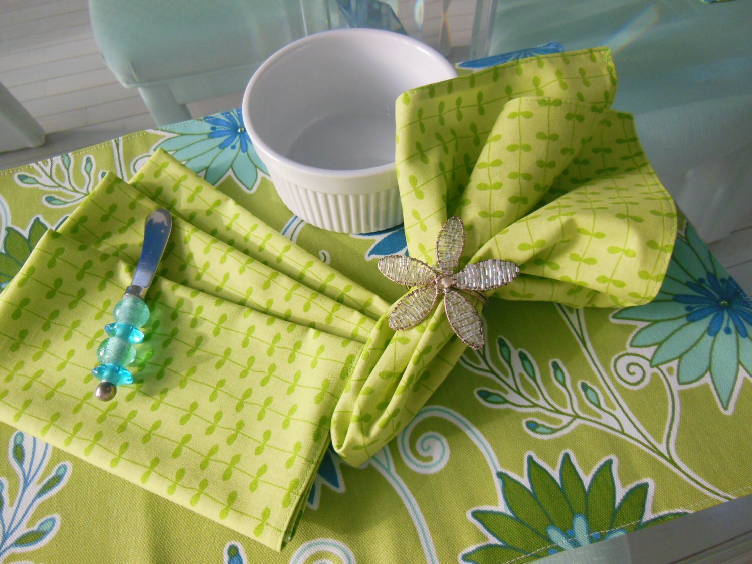 Green Cloth Napkins Leaf Napkins Striped Napkins Vine