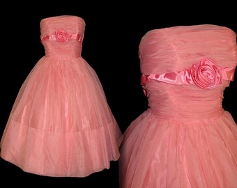 Vintage 1950s Dress//50s Dress//Pink// Garden Party//New Look//Mod//Mad Man//Strapless/Party Dress