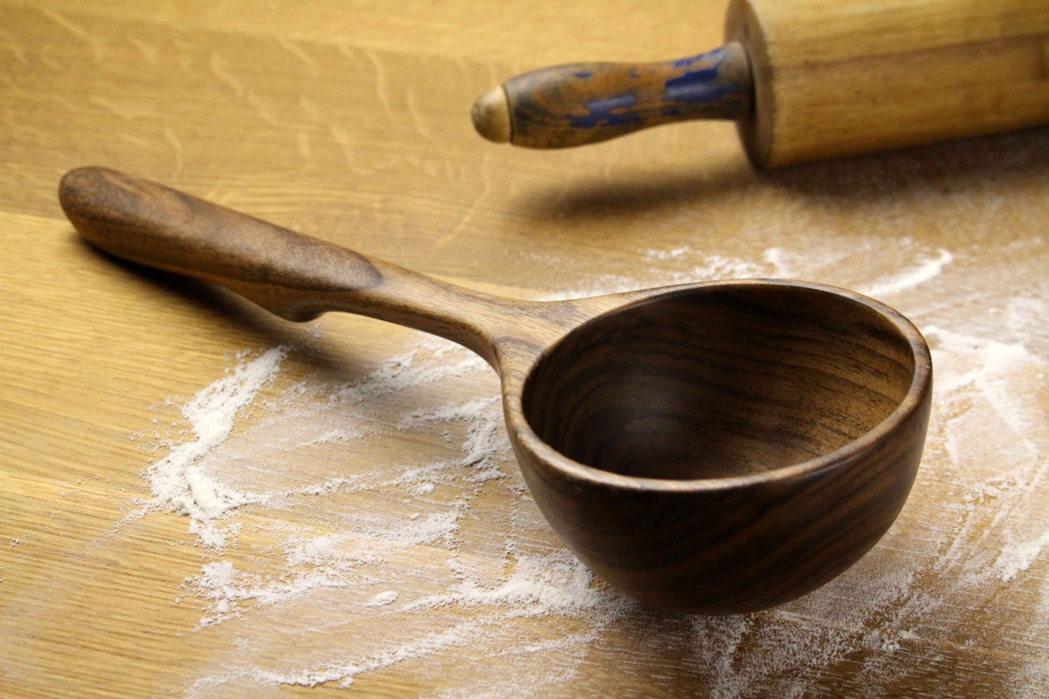 wooden 1 cup measuring spoon carved from some walnut salvaged