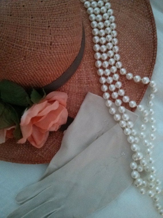 Orange Vintage Tea Party Set: hat gloves & pearl necklace A