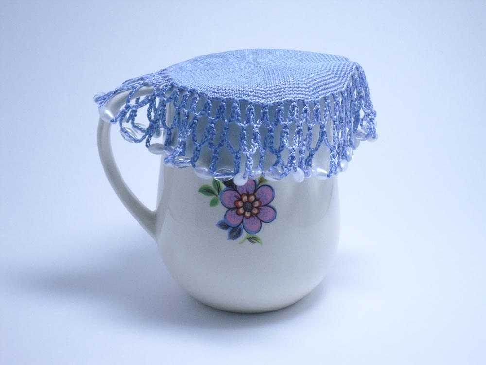 Blue Crocheted Beaded Jug Cover Beaded Bowl Cover Beaded