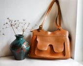 1970s Faux Leather Tan Orange Brown Handbag/ Shoulder Bag with Zip, Decorative Stitching