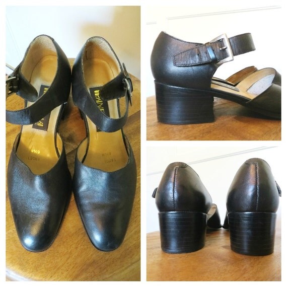Vintage 90s Black Leather Mary Janes Chunky Heel Panama Made