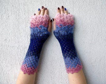 pattern dragon crochet scale gloves arm Fingerless  cut pink blue  e mittens warmers