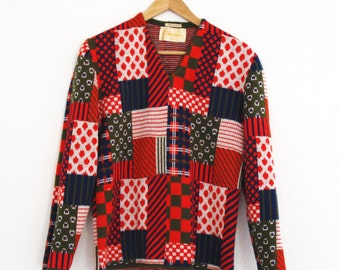 1960s Catalina Sweater Patchwork Quilt Orange Mod Graphic Pattern 38 Womens Vintage Medium SALE