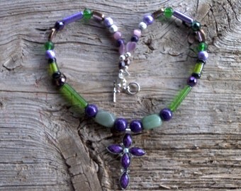 Cross pendant,stone,glass beaded necklace 21 inch