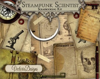 Steampunk Scientist Junk Journal Digital Scrapbooking Kit Vintage printable paper craft hobby instant download digital collage sheet VD0546