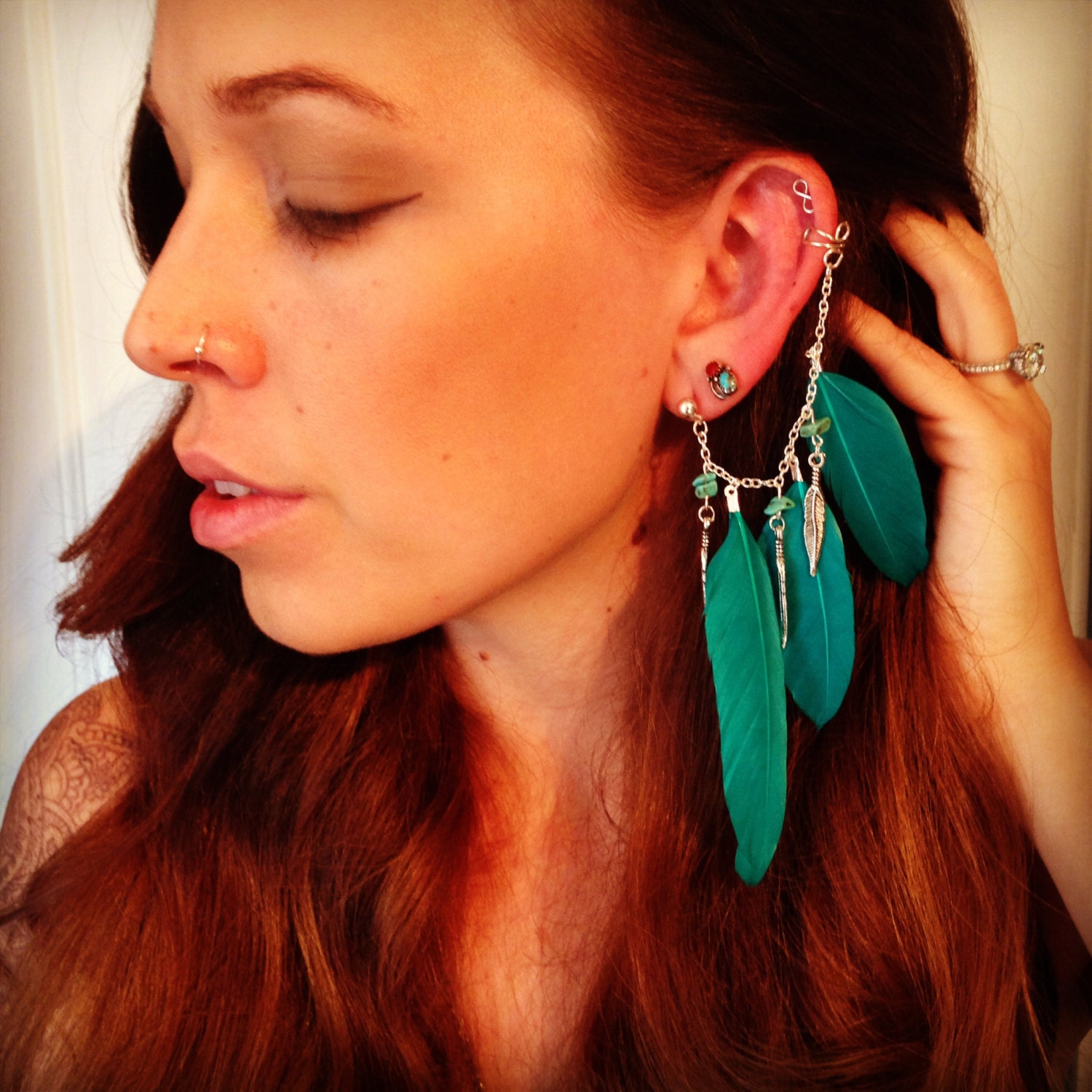 Handmade Silver Ear Cuff Teal Dream Catcher Ear Cuff Feather