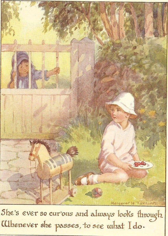 Vintage 1920's Margaret Tarrant Children's Print Young Girl Blue Bonnet Peers Through Gate Boy Eating Cherries Book Plate Book Illustration
