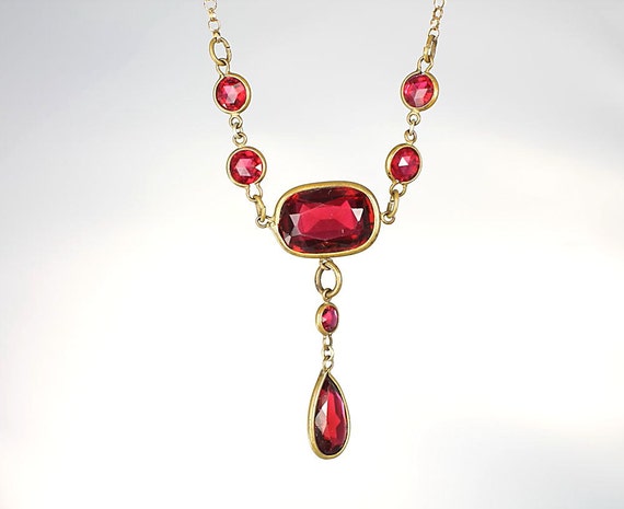 Art Deco Czech Red glass garnet Necklace lavalier by RMSjewels