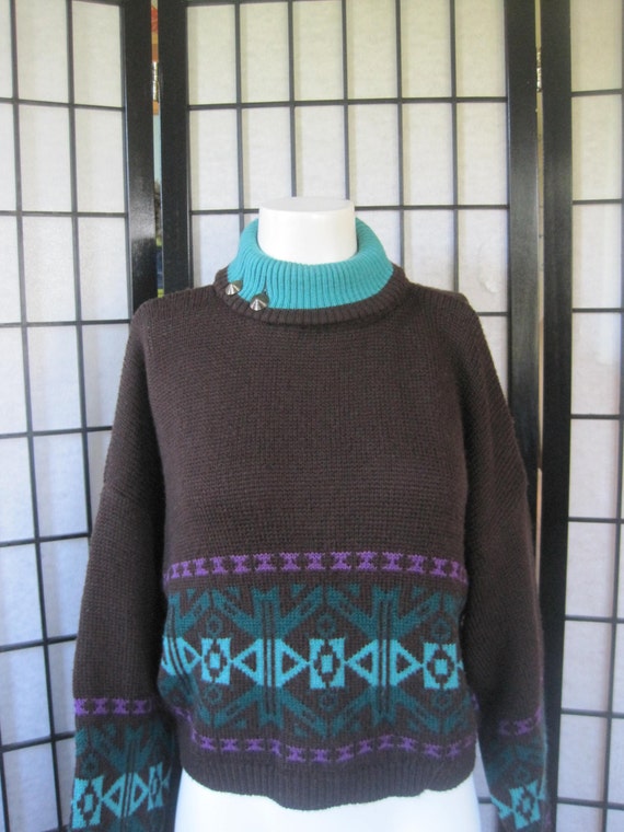 Vintage Cropped Sweater by Benetton Italian Brown Turquoise Blue Green 