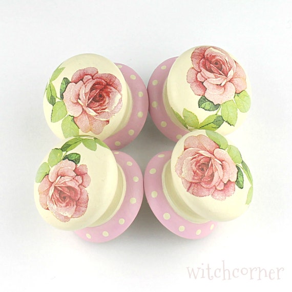 Items similar to Door Knob, Wooden Drawer Knob, Pink Roses Design, 50mm