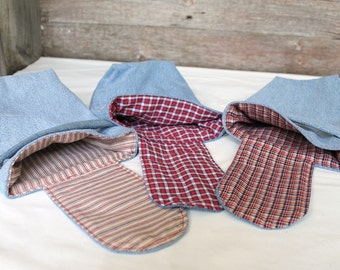Upcycled Denim Gift Bags Reusable Red & Blue Small Gift Tote Vintage Plaid Rustic Americana Wrapping (set of 3) --US Shipping Included
