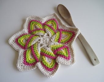Crochet Flower Trivet Hot Pad - Hot Pink, Lime Green, Yellow and Natural Off White
