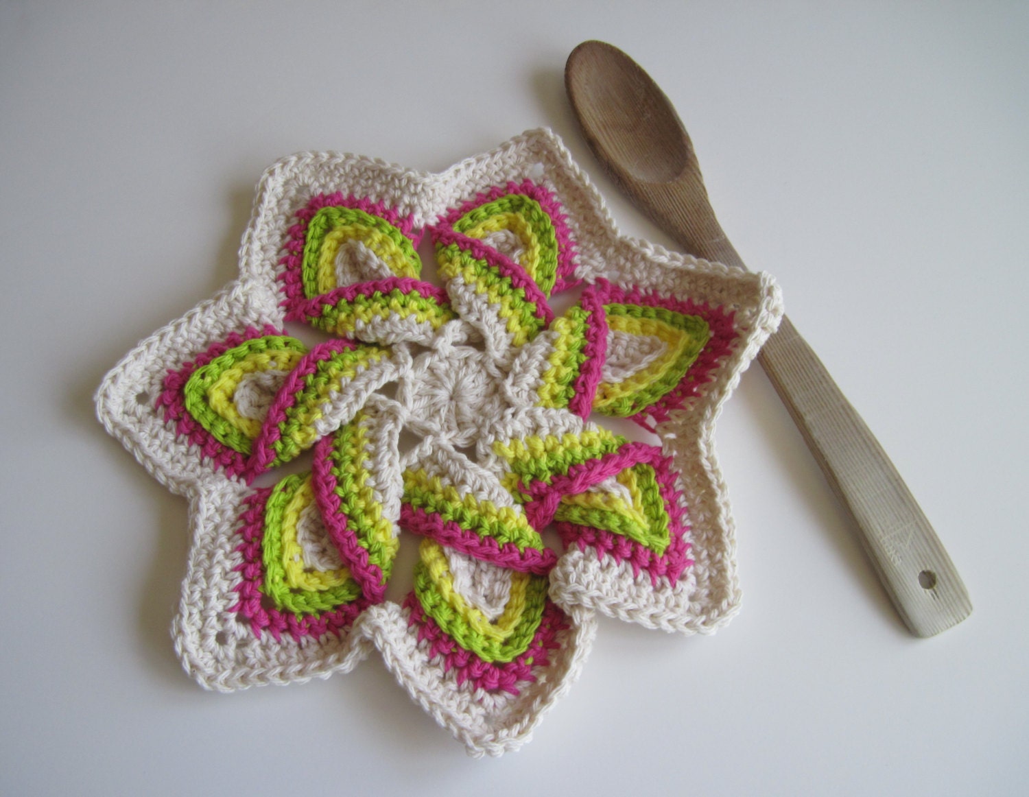 Crochet Flower Trivet Hot Pad Hot Pink Lime Green Yellow