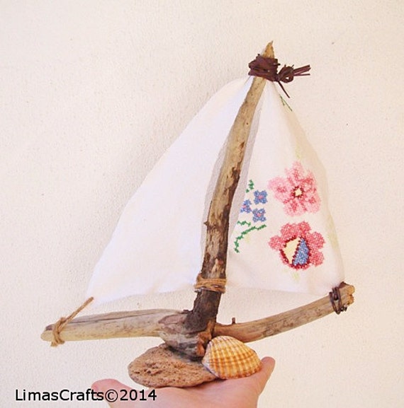 Handmade Wooden Sailboat, Rustic Wooden Boat, Nautical Artwork, OOAK 