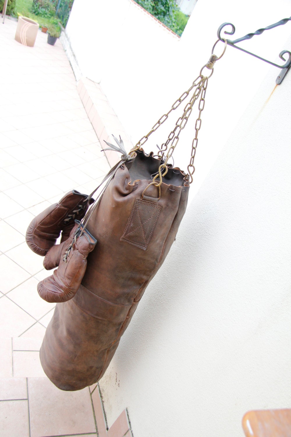 Old leather big punch sack / punching bag / heavy bag by