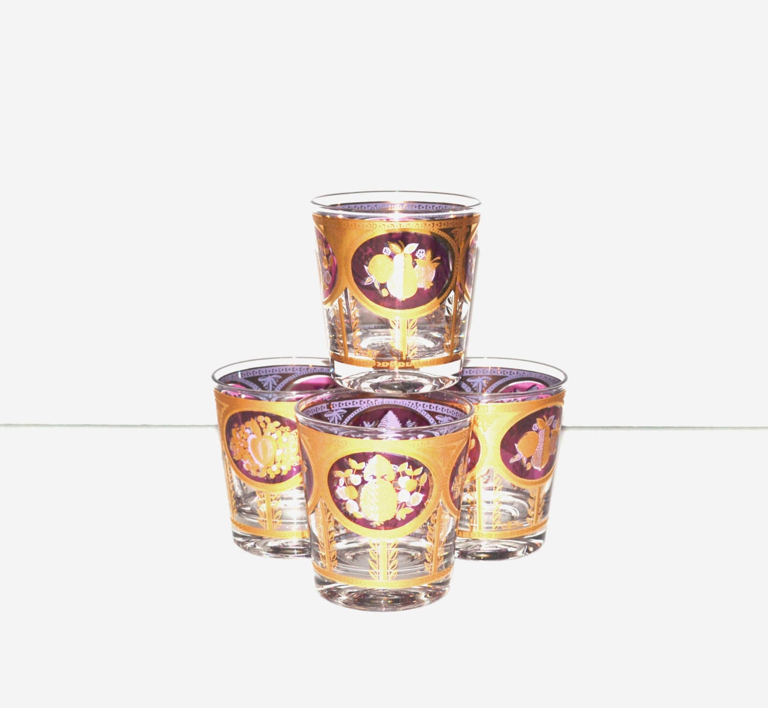 Vintage Rock Tumbler Glasses Low Ball Glasses Cranberry Pineapple Fruit