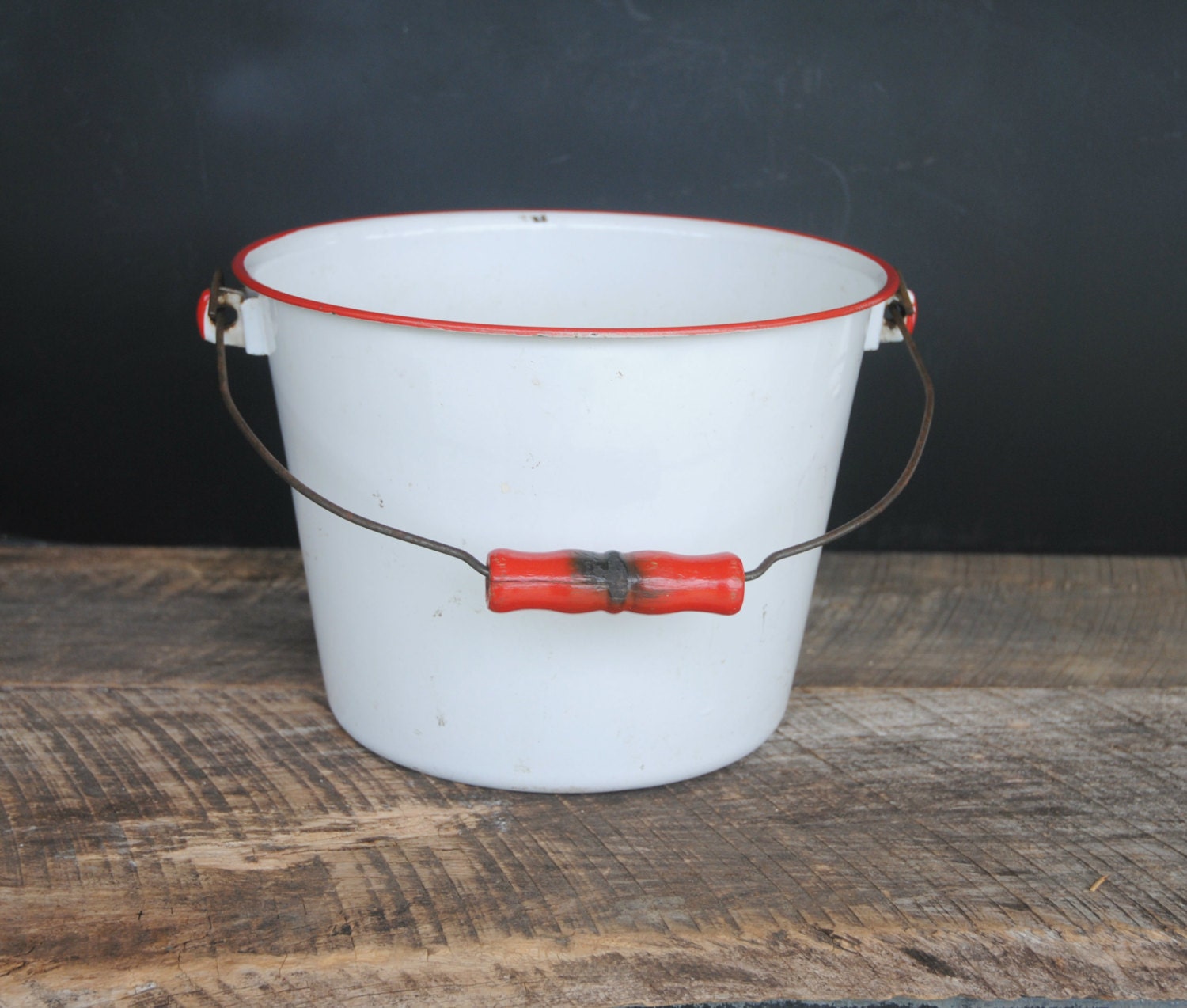 Vintage Enamelware Bucket Pail White with Red Trim