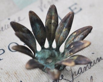 Flower cup brass stamping, honey cyan patina
