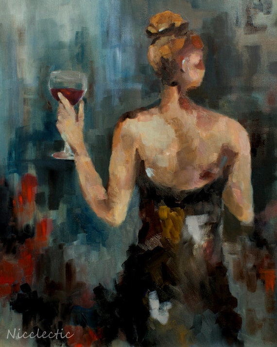 Woman with wine glass Little black dress elegant art