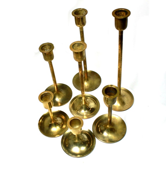 Mid Century Modern Brass candle holders, set of 7, eames era