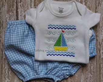 Faux Smocked Sailboat Bodysuit and Blue Gingham Diaper Cover Set Size NB-12M