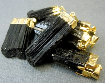 Black Tourmaline Pendant - Raw Black Tourmaline Stone Rod with Gold Electroplated Cap (S24B14-01)