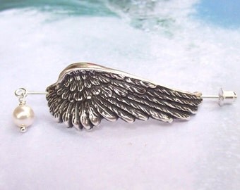 Angel Wing Shawl Pin, Silver Wing Lapel Pin, silver shawl pin, stick pin, hat pin, fall fashion, silver scarf pin