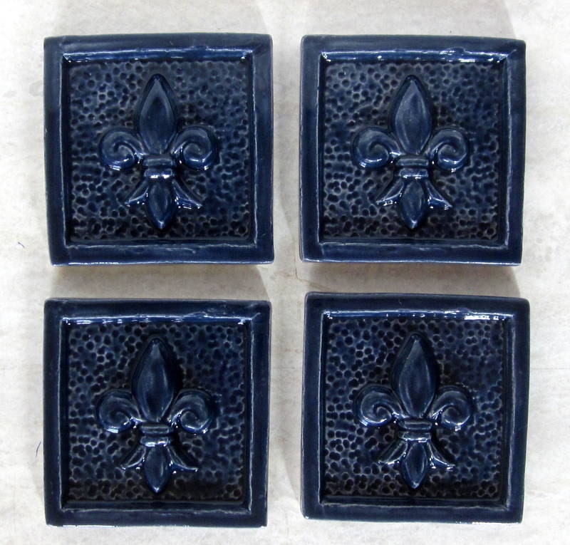 3x3 Ceramic Tile Handmade Fleur de Lis Set of 4 in Navy
