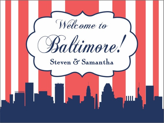 30 4" x 3" Baltimore Skyline Welcome Bag/Box Labels - Wedding Stickers Printed with Your Colors Il_570xn