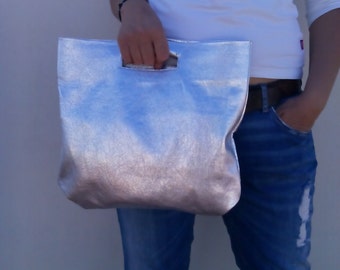 Clutch/ Large clutch/ Silver leather clutch