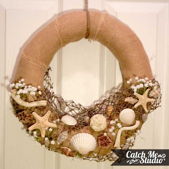 Items similar to Beach Wreath Burlap Wreath - Seashells, Burlap and ...