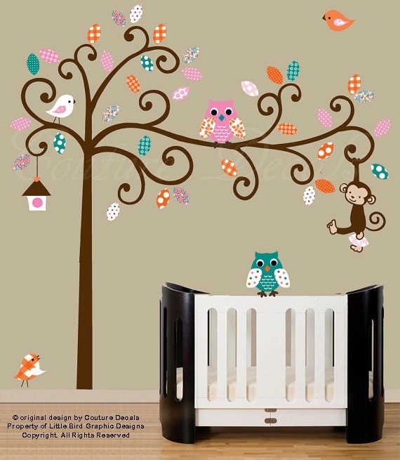 Childrens wall decals nursery wall tree with owl decals