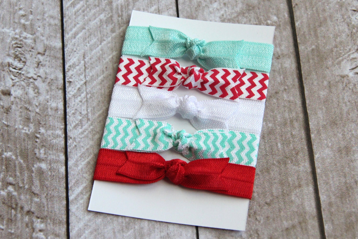 Set of 5 Elastic Bow Hair Ties in Aqua Red by coutureflower