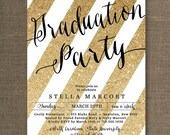 Gold & Black Graduation Party Invitation Gold Glitter Stripes College Ceremony Graduate Script Modern Printable Digital or Printed - Stella Il_170x135