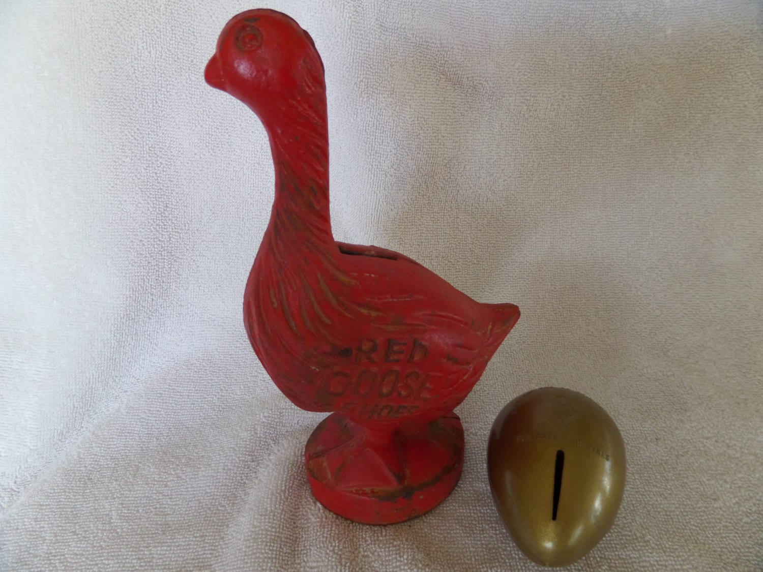 RESERVED for TIM ANTIQUE Cast Iron Bank Red Goose Shoes Large