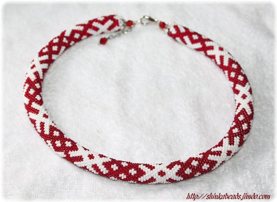 wire necklace pattern crochet bead white bead handmade and crochet ornament Ethnical necklace red DARK