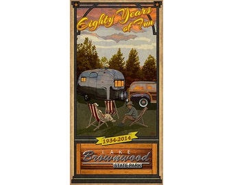 Brownwood State Park- Anniversary Poster, Texas Parks Camping Sites, Vintage look posters for western themed decor with Airstream Trailer