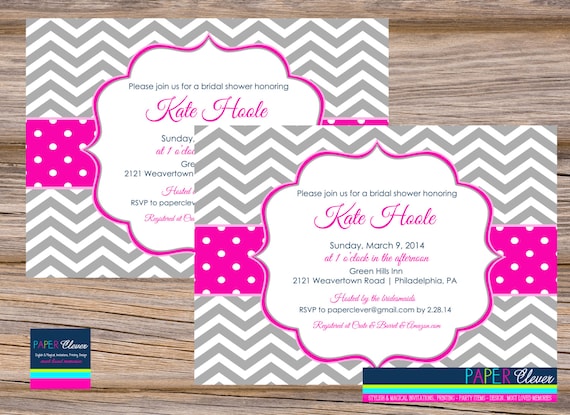 Bridal Shower Invitation, preppy, hot pink, grey, chevron stripe - digital file, printable #7017 Il_570xn