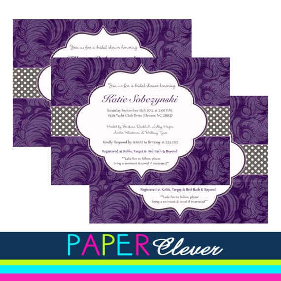 Elegant Bridal Shower Invitations, Purple & Gray - digital file, printable #209 Il_570xn