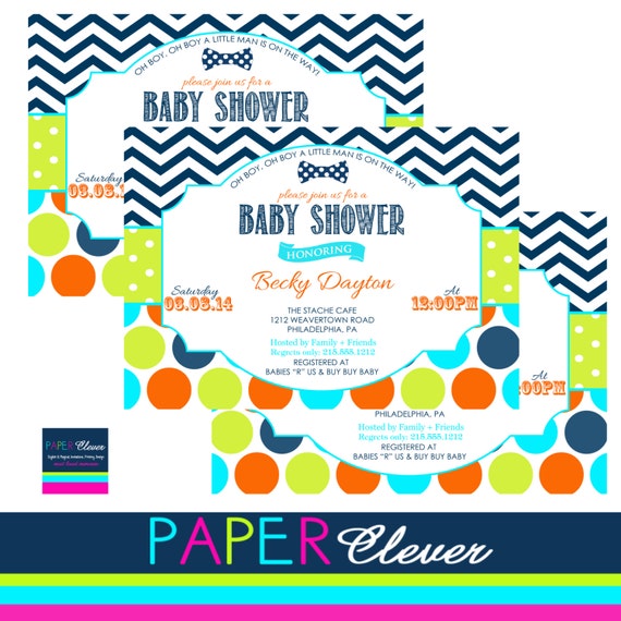 Bowtie Party Invitation, modern, lime, orange, aqua - digital file, printable (#50J7) Il_570xn